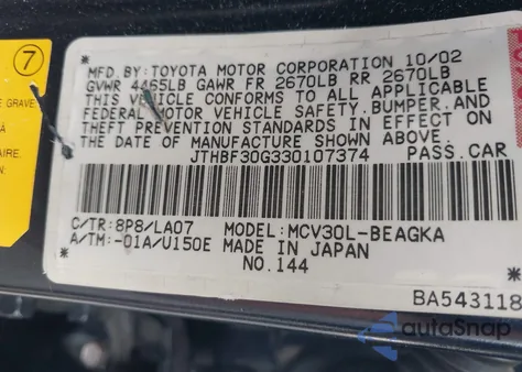 2003 Lexus Es 300 z USA, uszkodzony, nr VIN JTHBF30G330107374